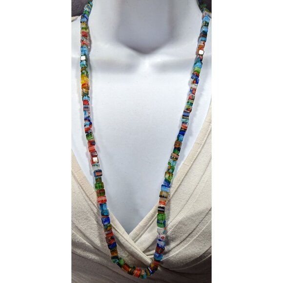 Rainbow Millefiori Glass Cube Beaded Necklace - Picture 4 of 6